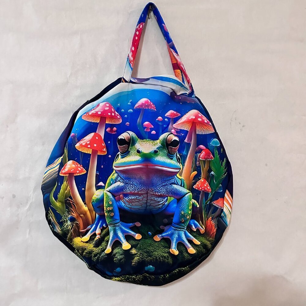 Psychedelic Mushroom Frog Gigantic Round Tote Huge Canvas Circle Bag 3D Festival - Picture 7 of 11